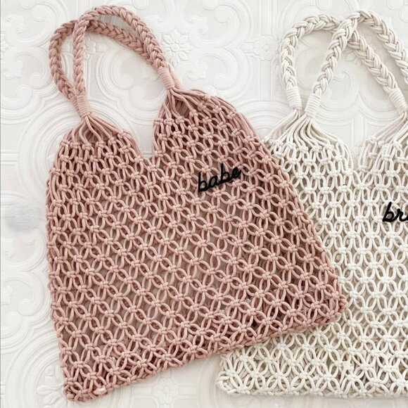 NWT, Macrame Hobo Beach Boho Bag with Babe Embroidered, Pink, One Size - Picture 1 of 15